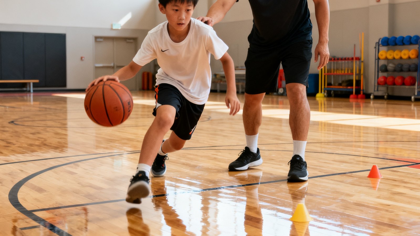 一名12岁男学员在专业室内篮球馆进行运球突破训练，教练在旁指导姿势，地板为枫木标准球场地面，背景可见篮架和训练器材。