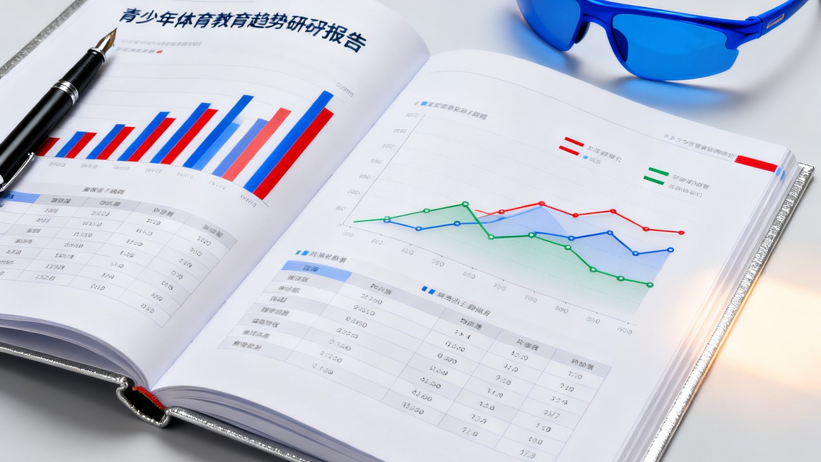 一本翻开的青少年体育教育趋势研究报告，页面上有彩色图表和数据分析，旁边放着一支笔和一副运动眼镜，整体氛围专业而现代。