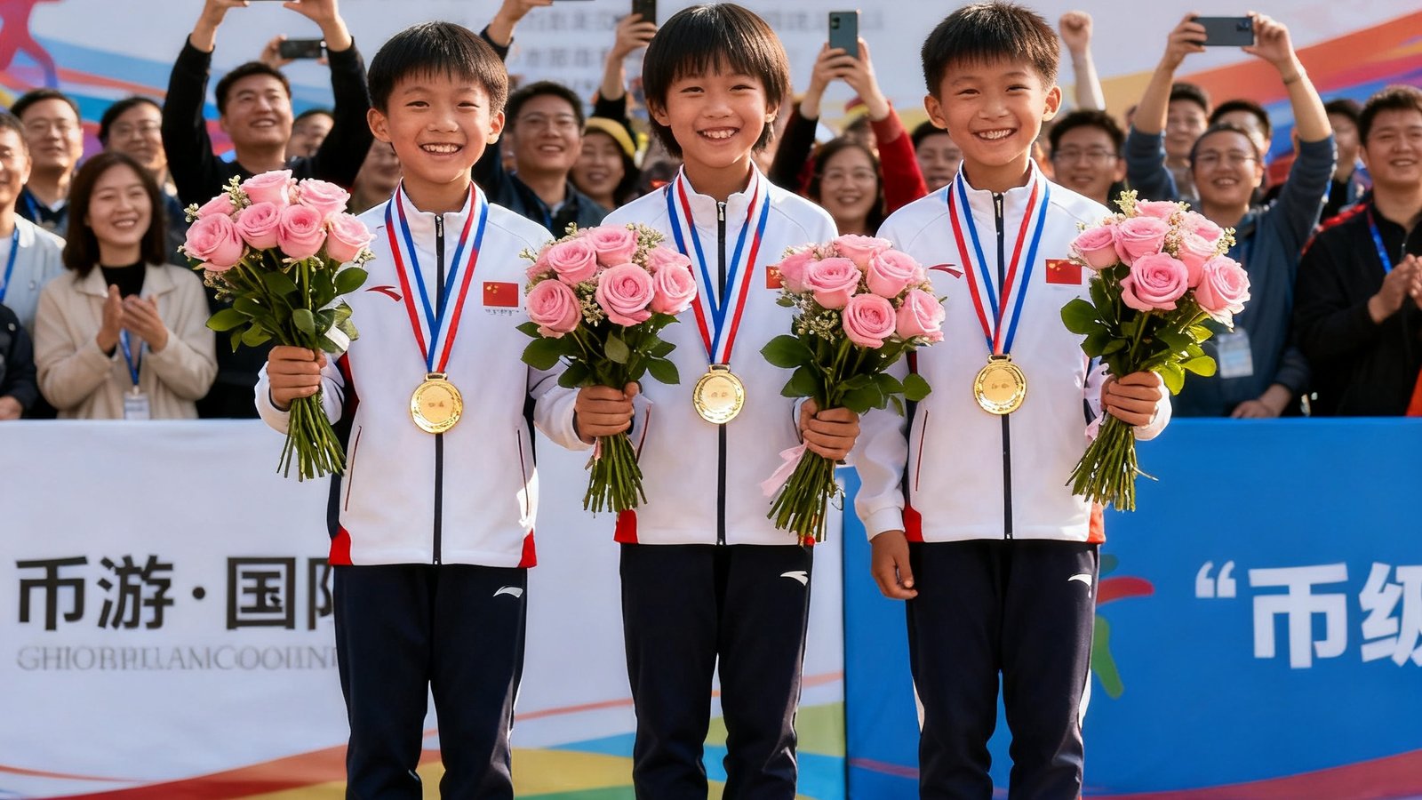 币游·国际的三名学员站在市级青少年体育比赛的领奖台上，脖子上挂着奖牌，手捧鲜花，面带灿烂笑容，背景是赛事横幅和欢呼的人群。