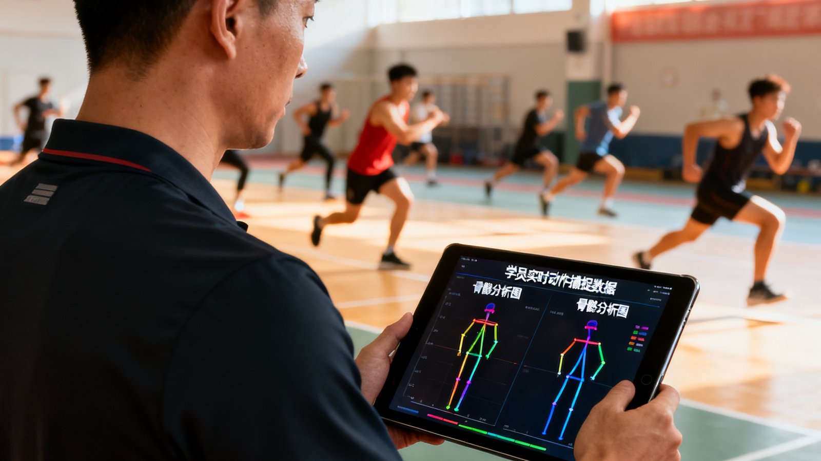 一位国家级教练手持平板电脑站在训练场边，屏幕上显示学员实时动作捕捉数据与骨骼分析图，背景为明亮的室内训练馆，多名学员正在进行体能训练。