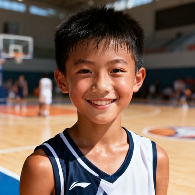 12岁的篮球学员张浩宇穿着训练队服，在球场边微笑面对镜头，皮肤晒成健康的小麦色，眼神中透着自信和阳光。