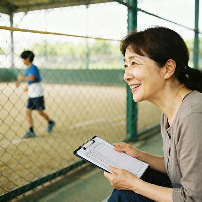 一位40岁左右的母亲李女士坐在训练场边，目光温柔地注视着场内正在训练的孩子，手中拿着孩子的训练记录本，脸上带着欣慰的笑容。